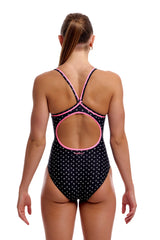 Funkita Women's Diamond Back Swimsuit Be Positive back view on model