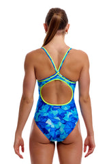 Funkita Women's Diamond Back Swimsuit Try Blue back view on model