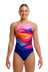Funkita Women's Sky Hi Swimsuit Misty Mournes front view on model