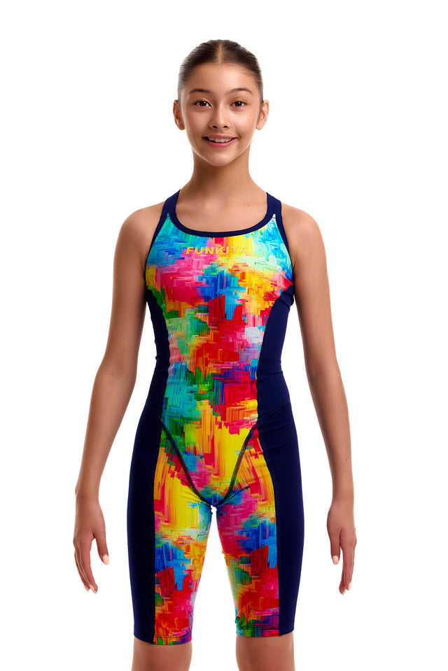 Funkita Girls' Fast Training Swimsuit Falling Colours front view on model