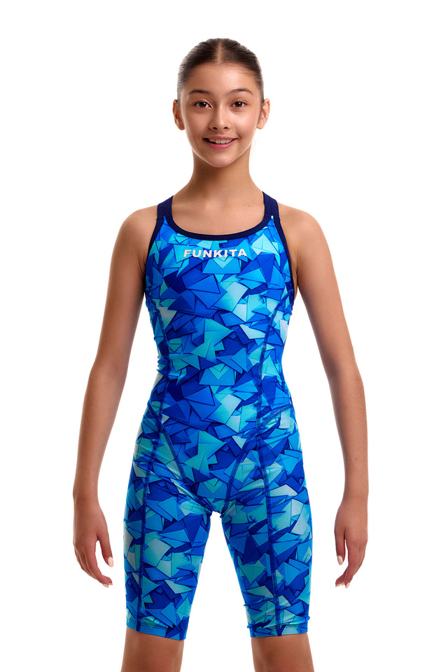 Funkita Girls' Fast Training Swimsuit Try Blue front view on model