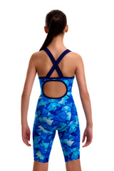 Funkita Girls' Fast Training Swimsuit Try Blue back view on model
