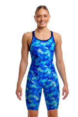 Funkita Women's Fast Training Swimsuit Try Blue front view on model