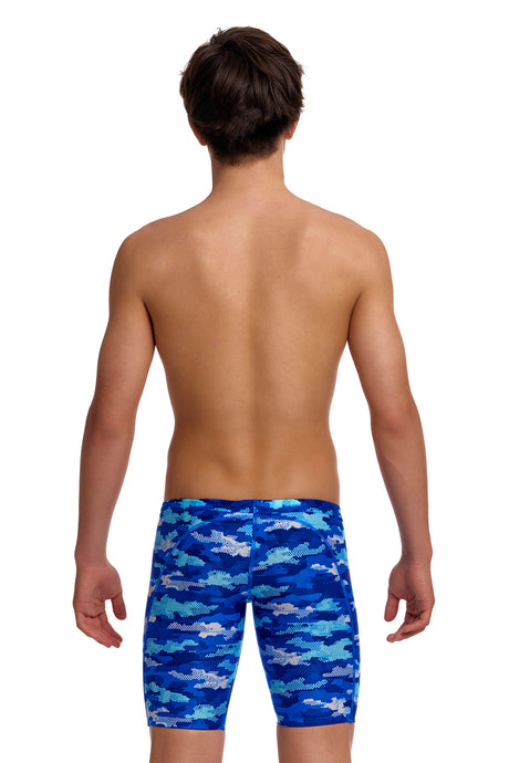 Funky Trunks Boys' Training Swim Jammer Clean Marine back view on model