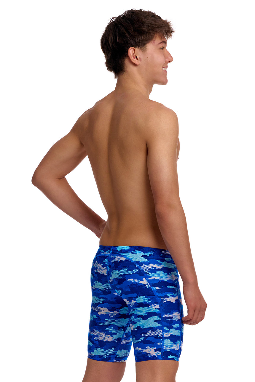 Funky Trunks Boys' Training Swim Jammer Clean Marine angled view on model