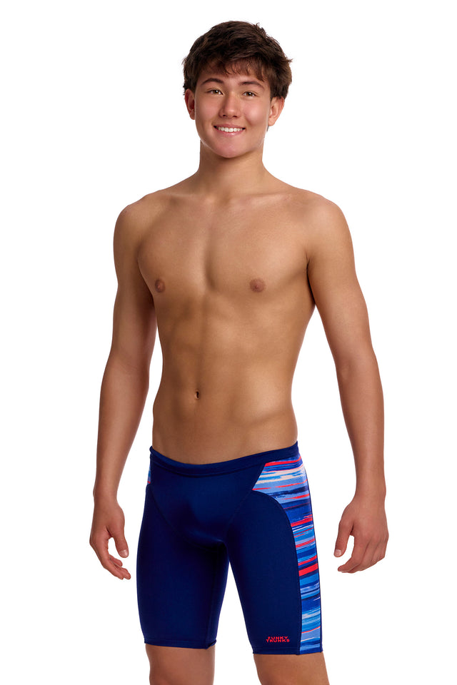 Funky Trunks Boys' Training Swim Jammer Lost Lines front view on model