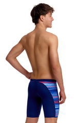 Funky Trunks Boys' Training Swim Jammer Lost Lines angled view on model