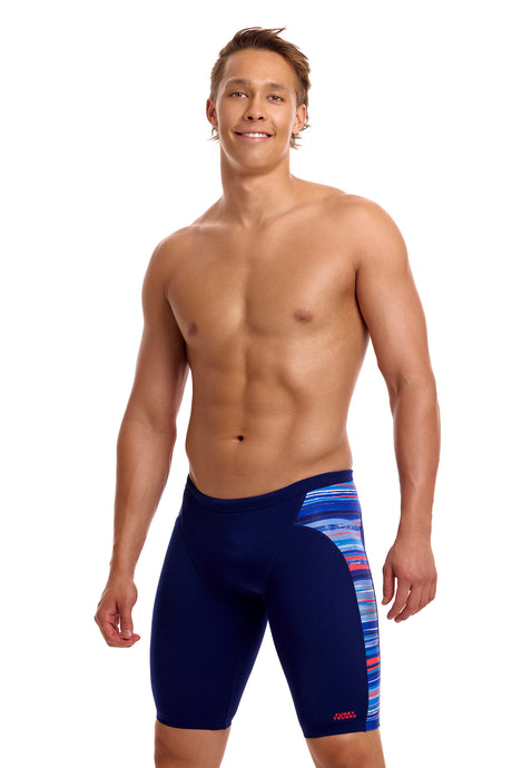 Funky Trunks Men's Training Swim Jammer Lost Lines front view on model