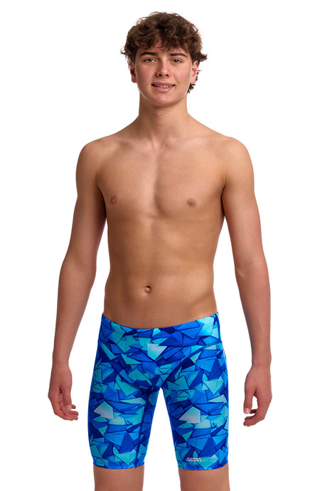 Funky Trunks Boys' Fast Training Swim Jammer Try Blue front view on model