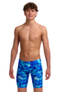 Funky Trunks Boys' Fast Training Swim Jammer Try Blue front view on model