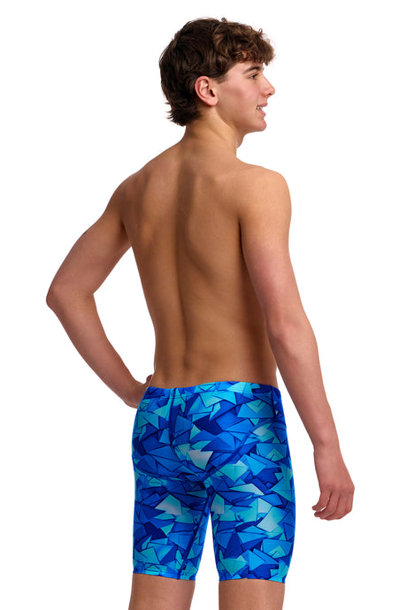 Funky Trunks Boys' Fast Training Swim Jammer Try Blue angled view on model