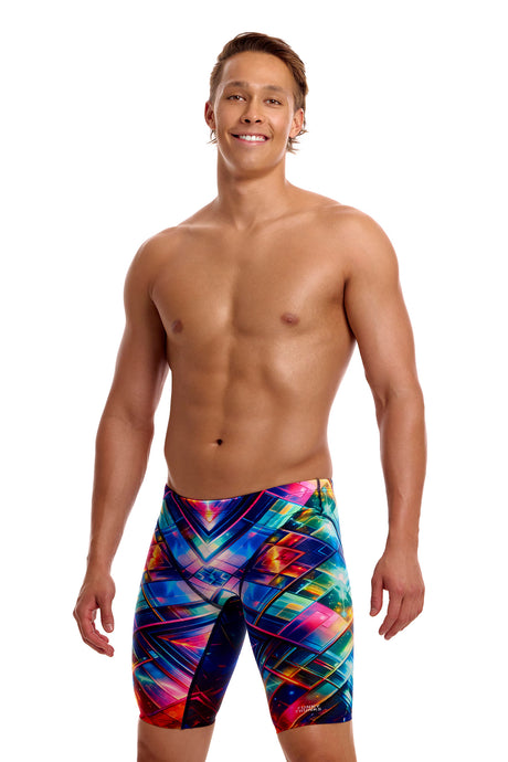 Funky Trunks Men's Fast Training Swim Jammer Firefly Sparkle front view on model