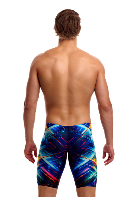Funky Trunks Men's Fast Training Swim Jammer Firefly Sparkle back view on model