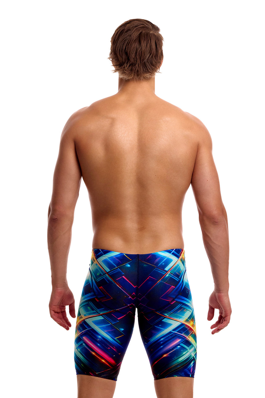 Funky Trunks Men's Fast Training Swim Jammer Firefly Sparkle back view on model