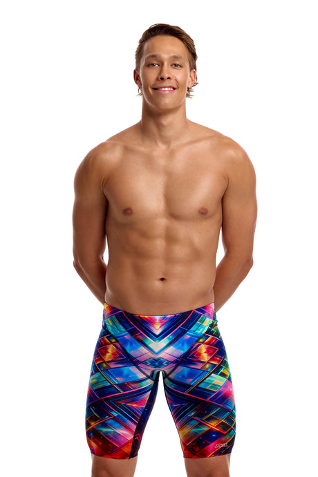 Funky Trunks Men's Fast Training Swim Jammer Firefly Sparkle angled view on model