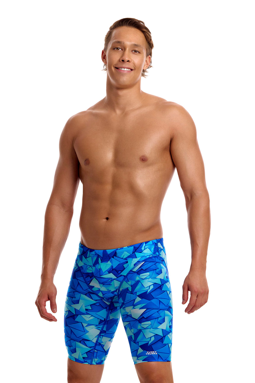 Funky Trunks Men's Fast Training Swim Jammer Try Blue front view on model