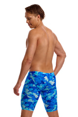 Funky Trunks Men's Fast Training Swim Jammer Try Blue angled back view on model