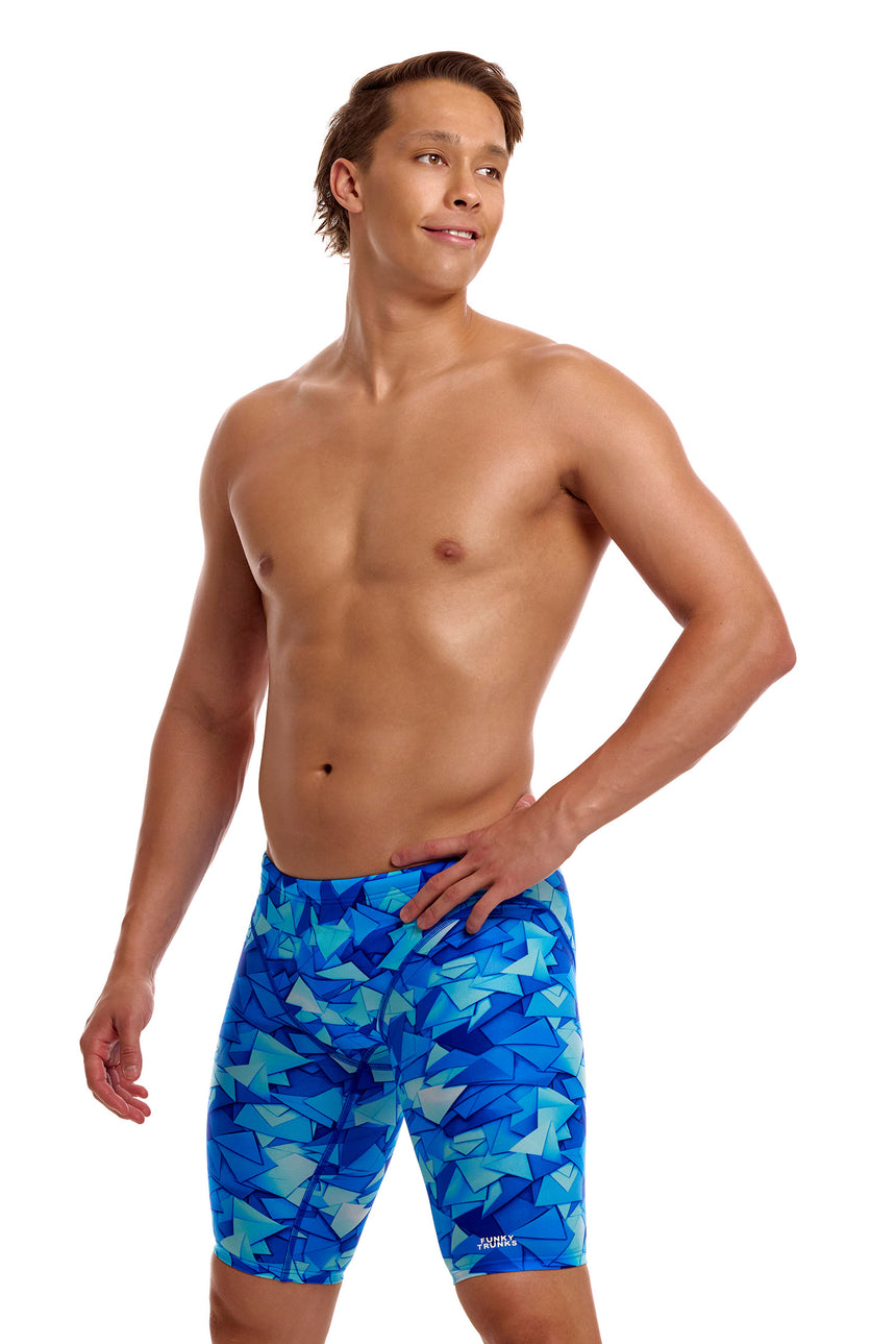 Funky Trunks Men's Fast Training Swim Jammer Try Blue angled front view on model