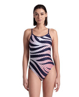Arena W Multi Stripes Swimsuit Lace Back Navy-White-Red