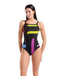 Arena Women's Grid Lightdrop Back Swimsuit black multicolour front model view
