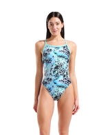 Arena Women's Earth View X Criss Cross Swimsuit blue black front model view
